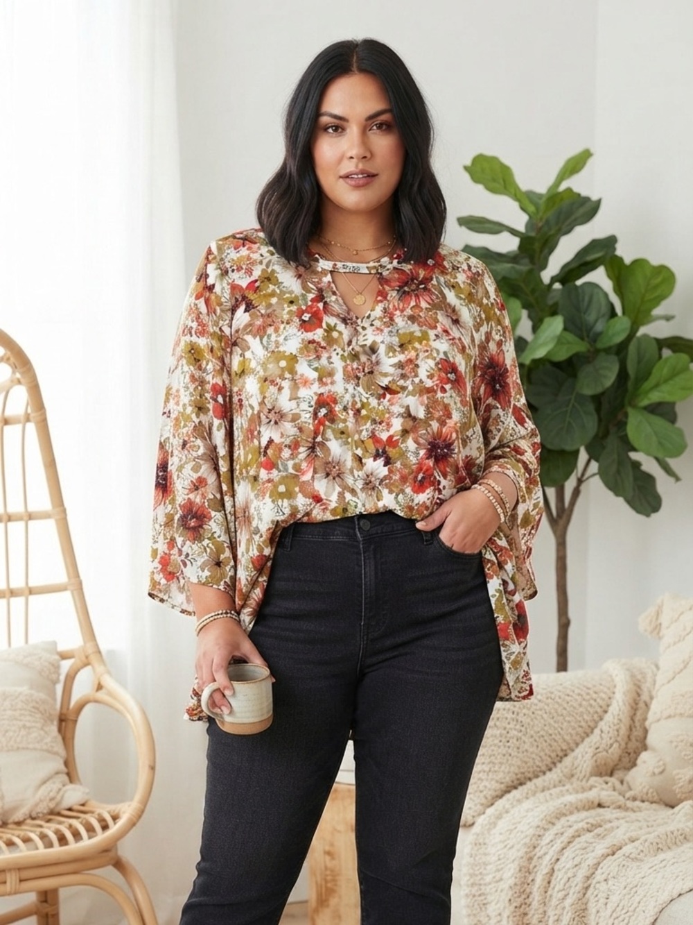 Umgee Floral Bell-Sleeve Blouse in Cream, Rust & Olive
